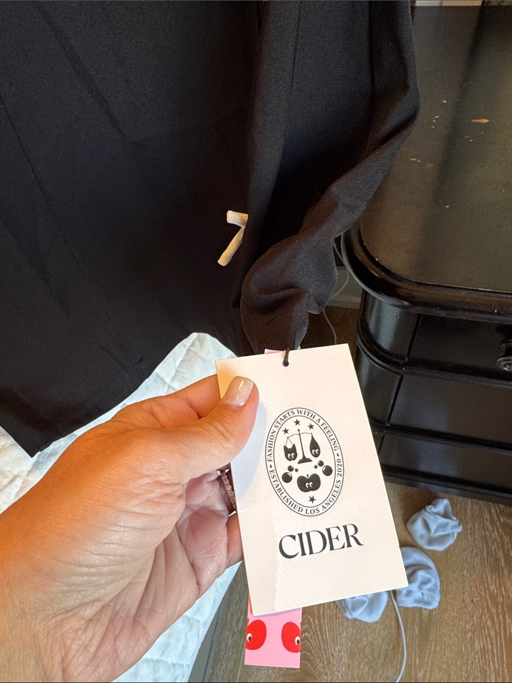 Cider Black Mini Dress with Cream Bow Accents - Picture 2 of 5